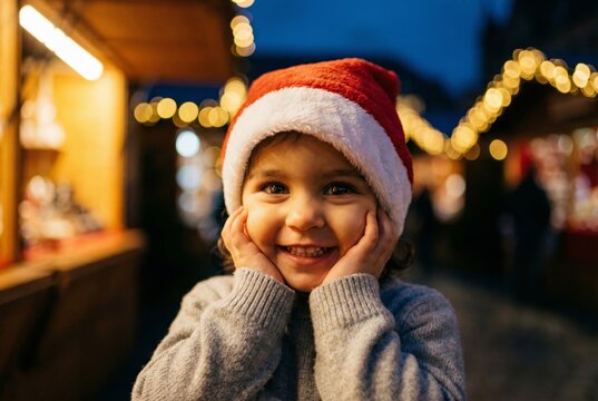 Smiling toddler girl wearing Santa hat posing at decorated outdoor Christmas market