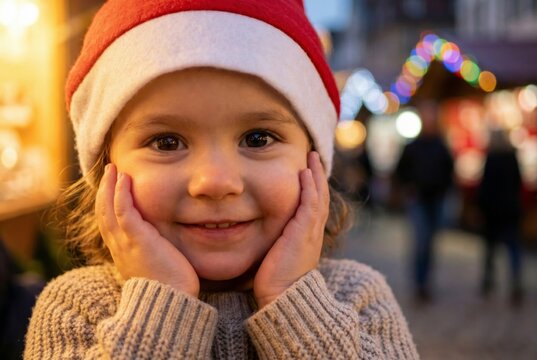 Cute little girl wearing Santa hat smiling with hands on cheeks at Christmas market