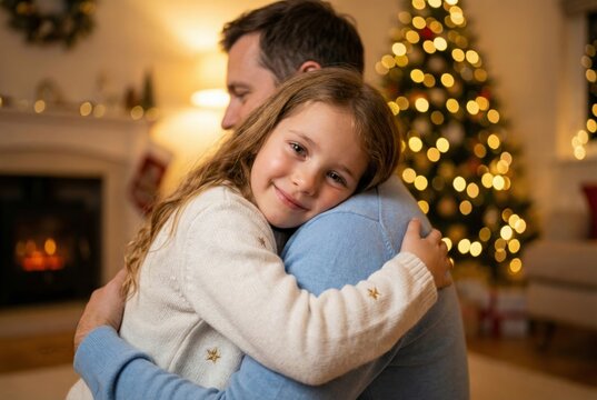 Happy little girl hugging father tightly in cozy Christmas living room