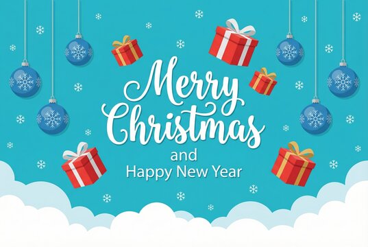 Merry Christmas and Happy New Year card template with hanging baubles and gifts
