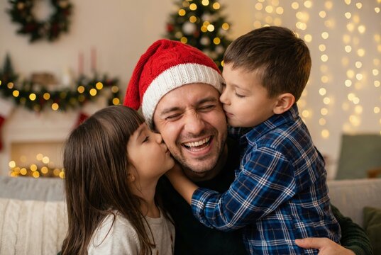 Happy father getting kisses from his son and daughter in cozy Christmas living room