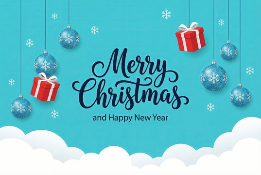 Merry Christmas and Happy New Year illustration with gifts and blue baubles