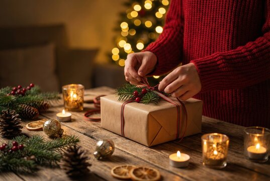 Close up of hands wrapping Christmas gift with pine cone and spruce branch on wooden table