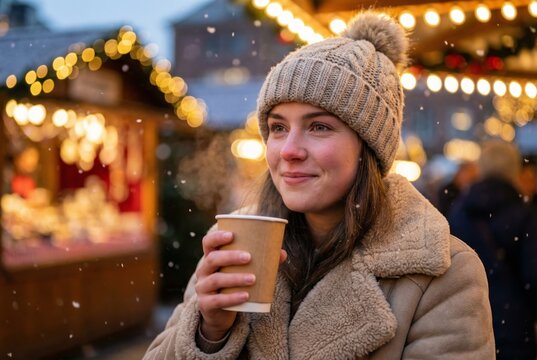 Smiling young woman enjoying hot drink at cozy outdoor Christmas market