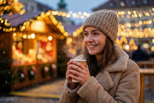 Smiling young woman enjoying hot drink at cozy outdoor Christmas market