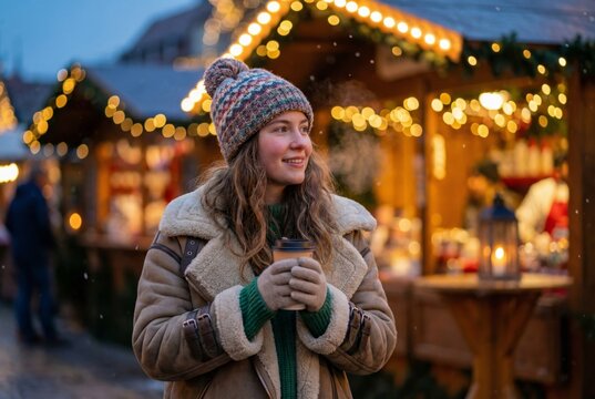 Happy young woman holding coffee cup at outdoor Christmas market with lights