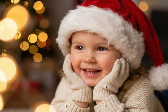 Cute little girl in Santa hat and mittens smiling with head in hands near Christmas lights
