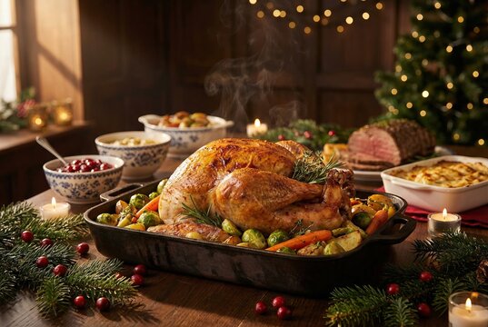 Traditional roasted Christmas turkey dinner with roasted vegetables and holiday side dishes