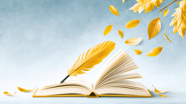 Creative process of writing with an open book and floating yellow leaves