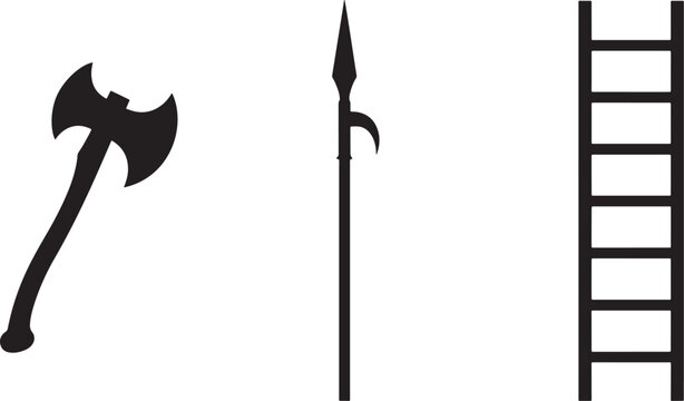 Black silhouettes of a double-bitted battle axe, a medieval polearm spear with a hook, and a vertical wooden ladder on a white background, also transparent background
