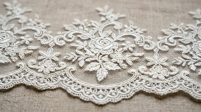 Beautiful white lace fabric trim with floral pattern isolated on a clean white background for wedding design