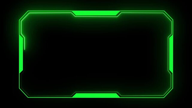 Rectangular frame animation displays angular corners. High tech digital screen borders outline this rectangular frame animation. Modern sci-fi user interface panels shape frame.