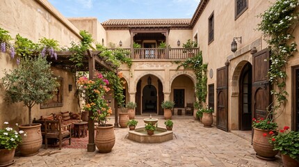 Obraz premium Traditional middle eastern courtyard featuring clay pots vibrant flowers stone fountain wooden furniture and sunlit stucco walls in rustic style