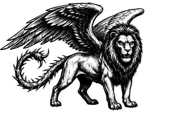 Manticore Winged Mythological Beast Hand Drawn Ink Vector Illustration