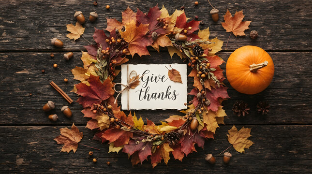 Autumn wreath with thankful message and pumpkin on rustic wooden background