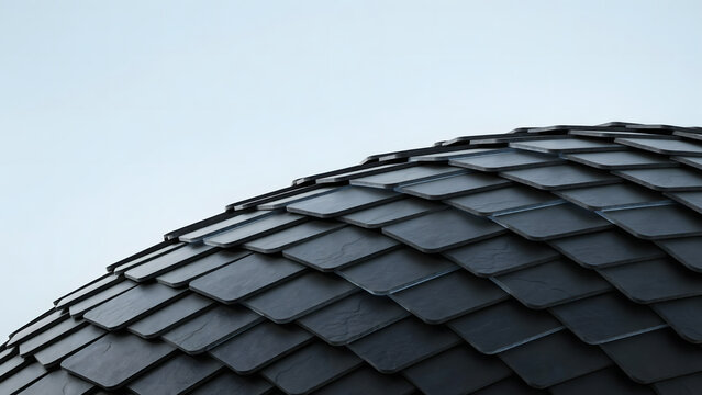 A close-up view of a curved, dome-shaped roof section covered in dark gray, rectangular slate tiles, set against a plain, light-blue background