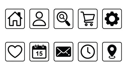 Fototapeta premium Collection of ten flat black icons on a white background