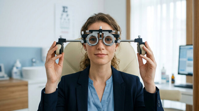 Woman undergoes eye exam with trial frame and lenses at optometrist office