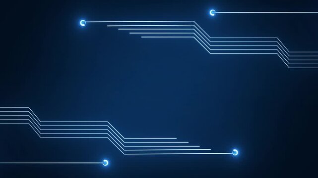 Technology background animation displays circuit nodes. High speed electronic computer hardware routes on technology background animation. Modern motherboard processor computing runs.