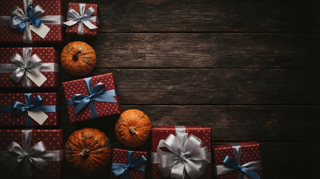 Autumn gifts and pumpkins arranged on a rustic dark wood background for fall celebrations