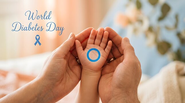Adult hands holding a childs hand with a painted blue circle symbol for world diabetes day awareness
