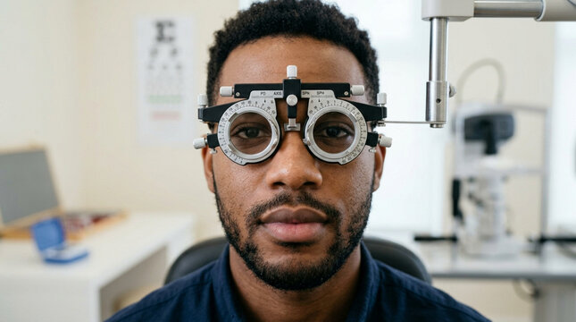 Man wearing trial frame during eye exam in optometry clinic