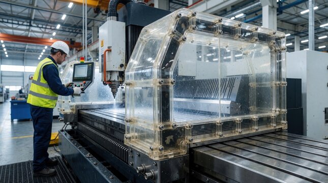 Worker operates CNC machine with clear safety shield. Metal fabrication process uses modern tech for precision parts. Industry innovation enhances production safety and quality.