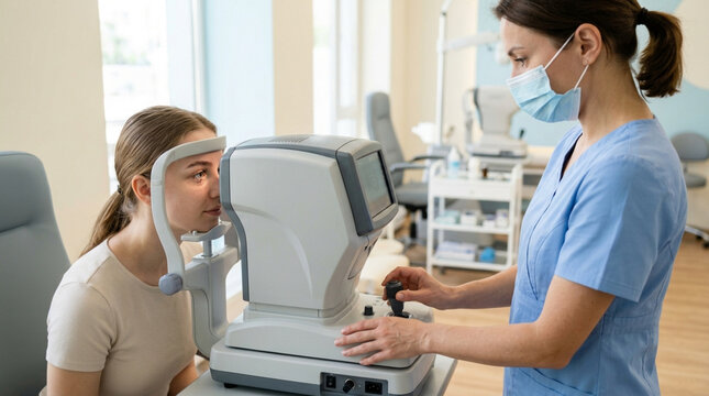 Ophthalmologist checking patient's eyesight with auto refractor machine in clinic