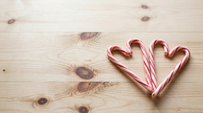 Christmas candy cane hearts on wooden background