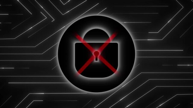 Circuit board animation displays a locked padlock symbol. Blocked cyber access restriction alerts trigger on circuit board animation. Critical cybersecurity hazard warnings flash.