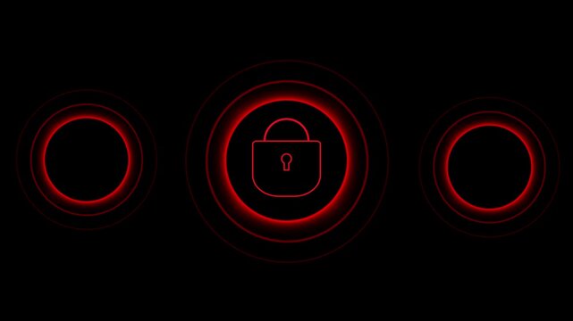 Circular buttons animation glows with a padlock symbol. Encrypted access security clearance confirms on circular buttons animation. Digital data privacy protection validates buttons.