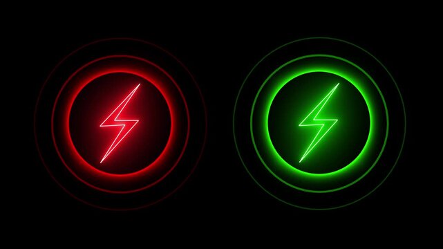Lightning bolt animation flashes power state buttons. Electrical energy charging status toggles along lightning bolt animation. High voltage system start and stop controls guide.
