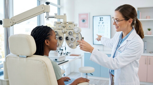 Optometrist examining patient's eyes with phoropter and eye chart in clinic