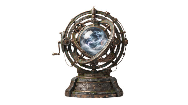 Steampunk armillary sphere with glowing crystal core, antique brass astronomical orrery, vintage mechanical celestial globe with bronze gears isolated PNG with Transparent Background