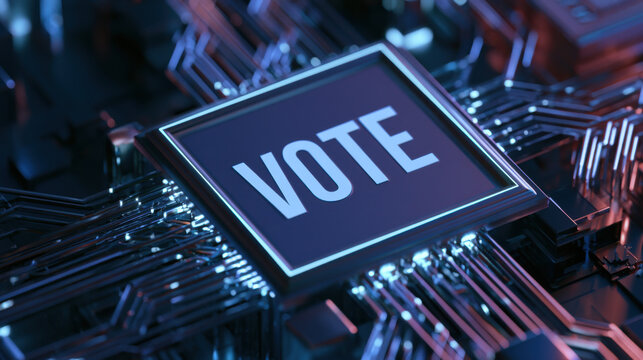 A large vote button is centered on a surface made of circuit connections with blue light. The setting suggests a modern digital environment