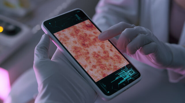 A person is wearing gloves and looking at a smartphone screen that displays a close-up of a biological sample. The setting is a laboratory with various equipment visible in the background