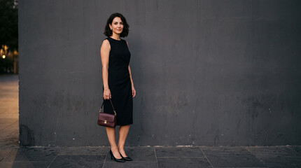 Fototapeta premium Woman Standing Against Dark Grey Wall
