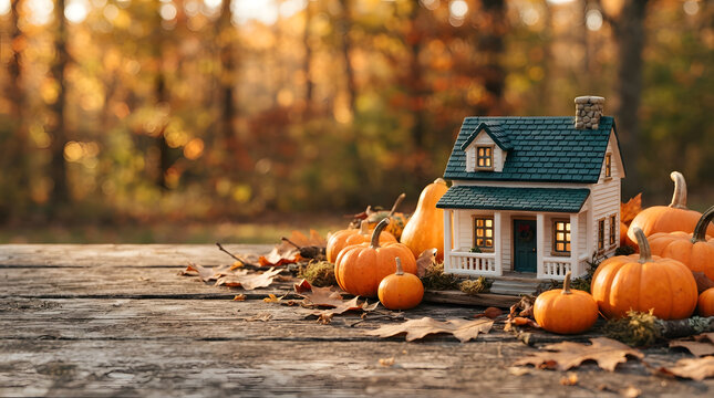 Autumn scene with miniature house and pumpkins on a rustic wooden surface