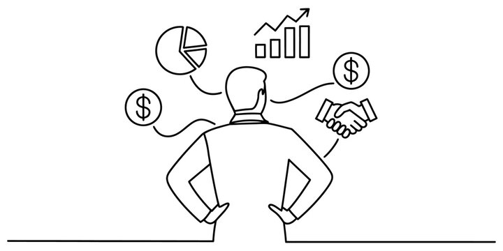 Businessman thinking about business growth financial profit and partnership strategy icons in a simple black line art style isolated on transparent background