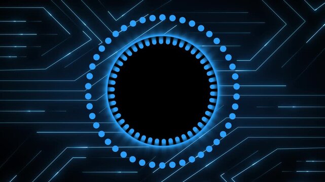 Circular interface animation rotates with circuit tracks. High tech surveillance telemetry coordinates guide circular interface animation. Modern sci-fi control room screens run here.