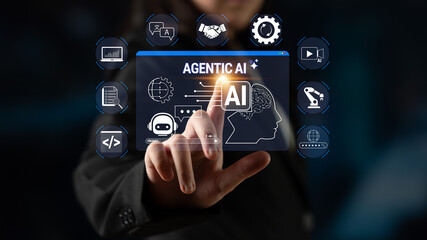 Obraz premium Futuristic Concept of Artificial Intelligence Interaction with Touchscreen Display and Digital Icons Illustrating Smart Technology Usage in Business. Glyphic.