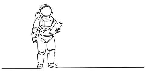 A continuous single line drawing of an astronaut holding a clipboard and wearing a space suit for exploration and science isolated on transparent background © Alfarca Drim 