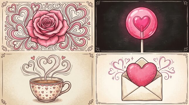 Set of four romantic valentines day illustrations