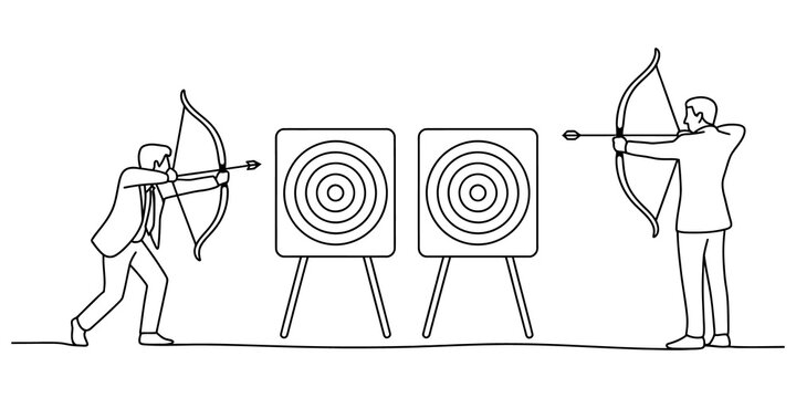Two business men in suits aiming arrows with bows at targets for success and professional competition in a simple line drawing isolated on transparent background