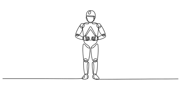 Continuous one line drawing of a futuristic robot standing still in a simple minimalist style for technology concept art isolated on transparent background