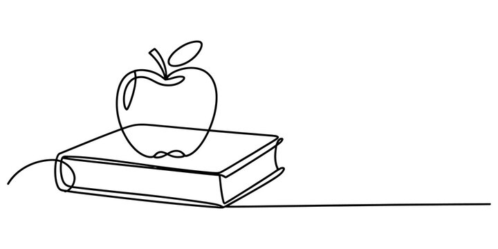 Continuous single line drawing of an apple sitting on top of a closed book for education and school learning concept art isolated on transparent background