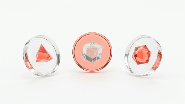 Three transparent glass discs containing red geometric shapes like pyramids and cubes