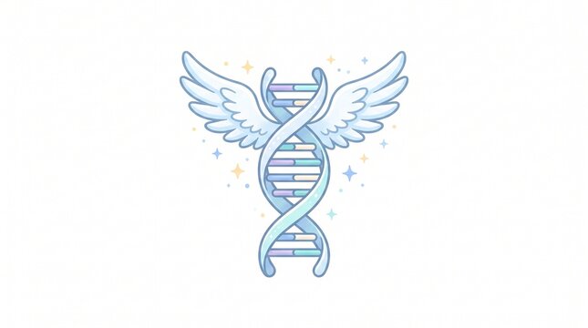 Stylized Pastel DNA Double Helix with Angel Wings and Sparkles, Representing Genetic Evolution, Medical Innovation, and the Beauty of Life, Isolated on White Background