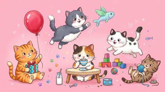 Cute cartoon kittens playing with toys and treats