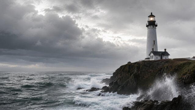 Lighthouse standing on rocky coastline with crashing waves under dramatic cloudy sky, showcasing maritime architecture and natural seascape in a coastal environment